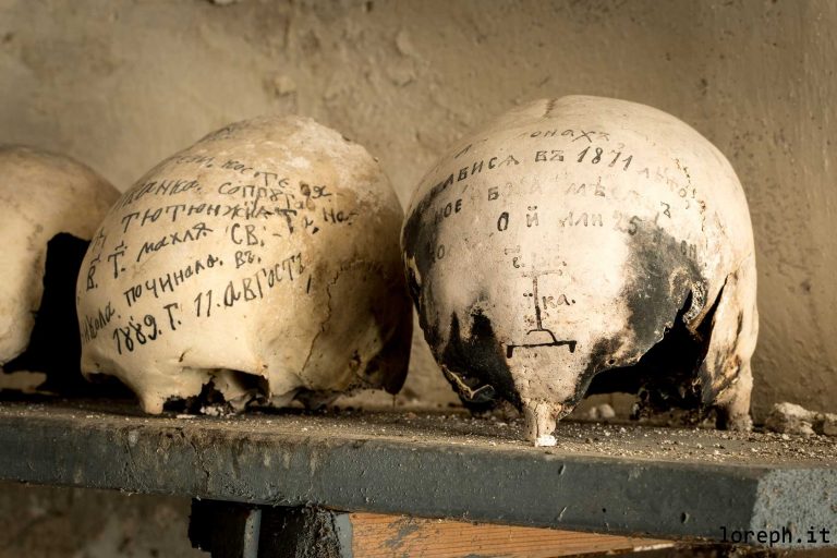 Urbex. Skulls in an abandoned crypt in Bulgaria