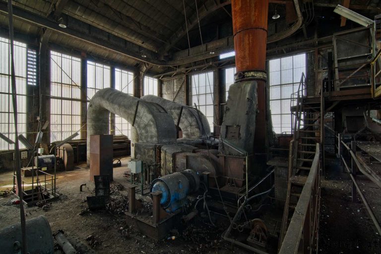 Blue power plant. Abandoned boiler house in Belgium